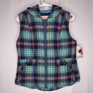 Mossimo Vtg Y2K Hooded Vest Medium Teal Plaid Flannel Lined Zipper Pockets